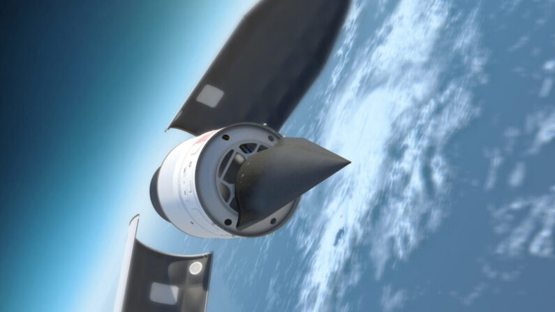 Ilustración del vehículo de prueba hipersónico Falcon, de la Agencia de Proyectos de Investigación Avanzada de Defensa de EE.UU., saliendo de su carcaza de transporte para ingresar a la atmósfera terrestre. (Cortesía de DARPA) 