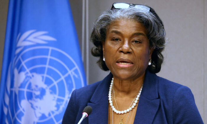 Linda Thomas-Greenfield, embajadora de Estados Unidos ante las Naciones Unidas, en una reunión informativa en Nueva York el 1 de marzo de 2021. (Spencer Platt/Getty Images)