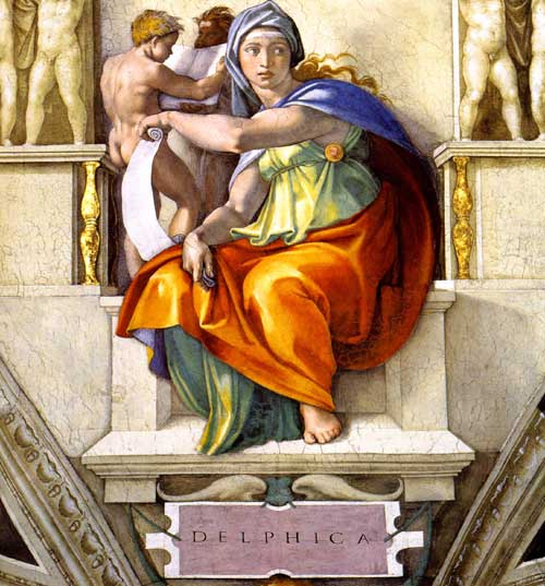 Sibila de Delfos, 1508-1512, de Miguel Ángel Buonarroti. Fresco; 155 5/8 pulgadas por 149 5/8 pulgadas. Capilla Sixtina, Roma. (Dominio público)