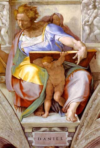 Daniel, 1508-1512, de Miguel Ángel Buonarroti. Fresco; 155 5/8 pulgadas por 149 5/8 pulgadas. Capilla Sixtina, Roma. (Dominio público)