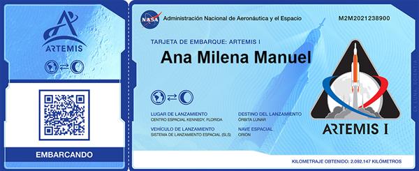 Tarjeta de embarque en español de la campaña de la NASA "Envía tu nombre con Artemis" que se incluirá en una memoria USB que viajará a bordo de Artemis I hacia la luna. EFE/NASA