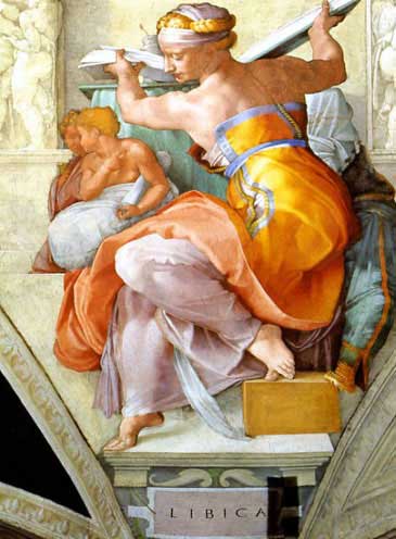 Sibila de Libia, 1508-1512, de Miguel Ángel Buonarroti. Fresco; 155 5/8 pulgadas por 149 5/8 pulgadas. Capilla Sixtina, Roma. (Dominio público)