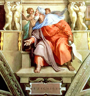 Ezequiel, 1508-1512, de Miguel Ángel Buonarroti. Fresco; 155 5/8 pulgadas por 149 5/8 pulgadas. Capilla Sixtina, Roma. (Dominio público)