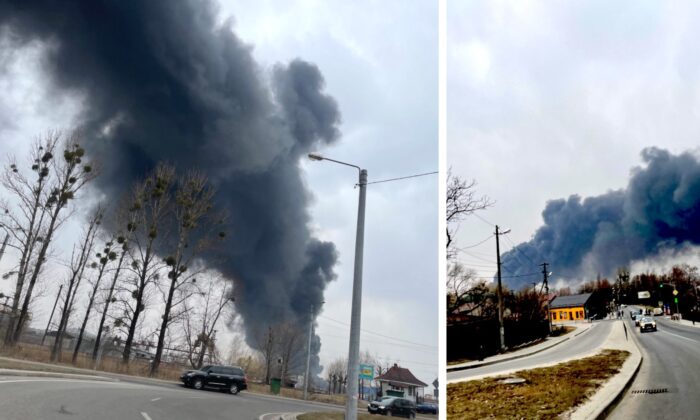 Columnas de humo tras un ataque con misiles en Leópolis, Ucrania, el 26 de marzo de 2022. (Charlotte Cuthbertson/The Epoch Times)
