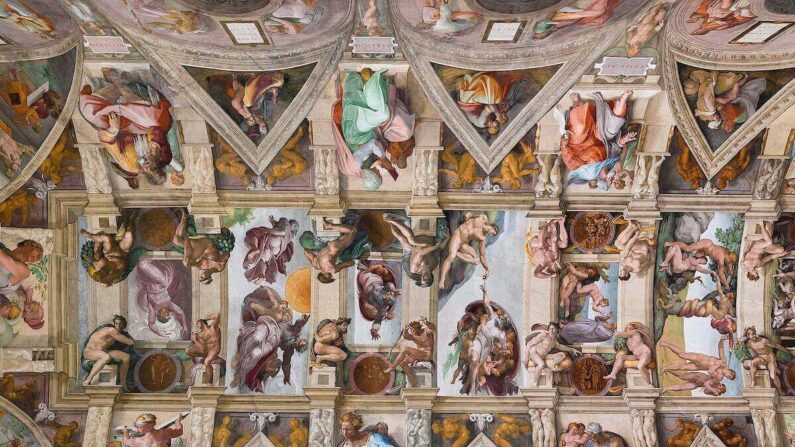 Sección del techo de la Capilla Sixtina, 1508-1512, de Miguel Ángel Buonarroti. Fresco; 118 pies por 46 pies. Capilla Sixtina, Roma. (Dominio público)
