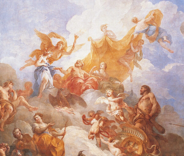 El ángel llamado Amor de la Virtud muestra a Hércules a su padre Júpiter (de color escarlata apagado). Júpiter presenta a su hijo Hebe, diosa de la Juventud (en azul), guiada por la diosa alada Himen. (Dominio público)