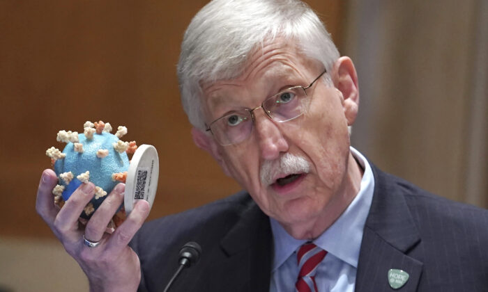 NIH Director Dr. Francis Collins holds up a model of the coronavirus as he testifies before a Senate Appropriations Subcommittee looking into the budget estimates for National Institute of Health (NIH) and the state of medical research, Wednesday, May 26, 2021, on Capitol Hill in Washington. (Sarah Silbiger/Pool via AP)