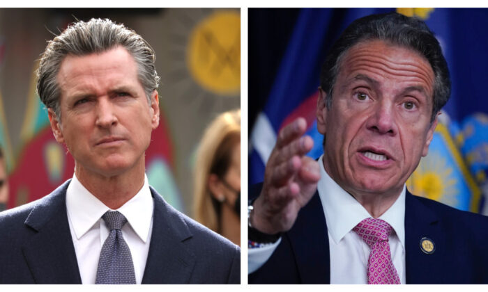 El gobernador de California Gavin Newsom y el ex gobernador de Nueva York Andrew Cuomo. (Justin Sullivan/Getty Images); (Mary Altaffer-Pool/Getty Images)