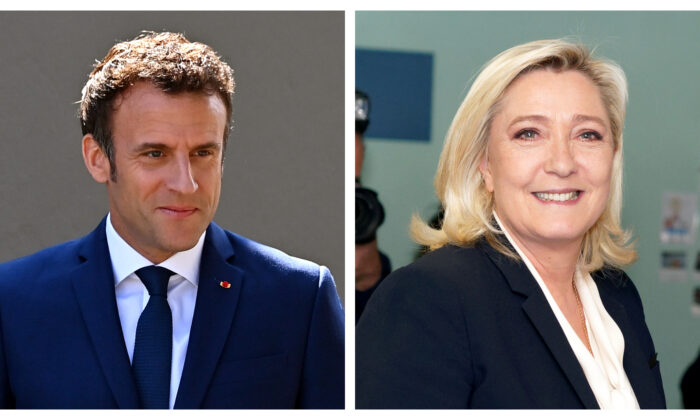 (Izquierda) El presidente francés Emmanuel Macron sale de su casa para ir a votar, en Le Touquet-Paris-Plage, Francia, el 24 de abril de 2022. (Derecha) La candidata de la Agrupación Nacional Francesa, Marine Le Pen, deposita su voto para la 2ª vuelta de las elecciones presidenciales en Henin-Beaumont, Francia, el 24 de abril de 2022. (Aurelien Meunier, Sylvain Lefevre/Getty Images)