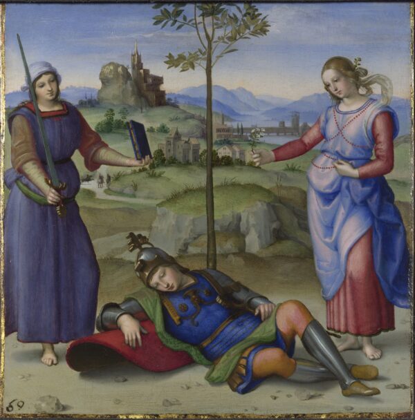 "Una alegoría ('Visión de un caballero')", alrededor de 1504, de Rafael. Óleo sobre álamo; 6 3/4 pulgadas por 6 3/4 pulgadas. The National Gallery, Londres. (The National Gallery, Londres)