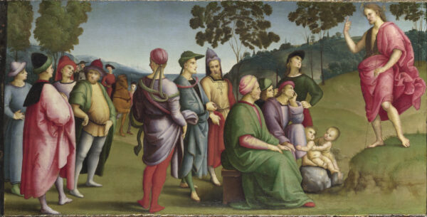 "San Juan Bautista predicando", 1505, de Raphael. Óleo sobre álamo; 10 1/4 pulgadas por 20 1/2 pulgadas. The National Gallery, Londres. (The National Gallery, Londres)
