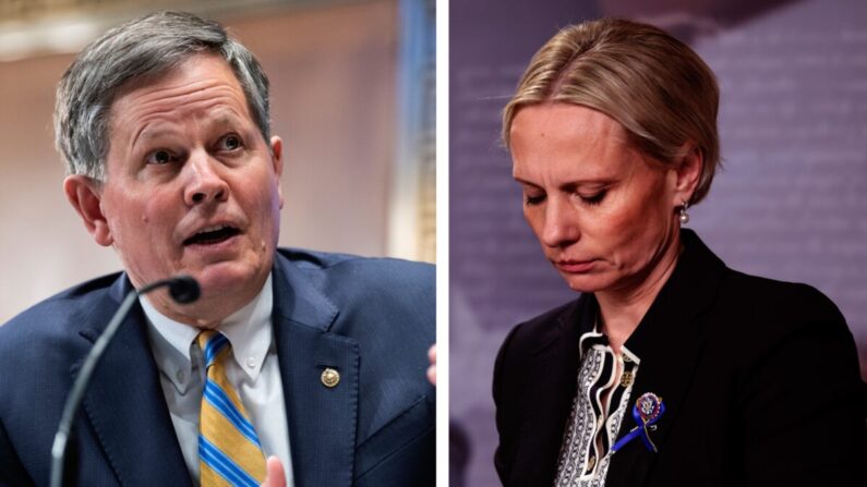 El senador Steve Daines testifica en una audiencia del Comité de Banca, Vivienda y Asuntos Urbanos del Senado en Washington, DC, el 3 de marzo de 2022. (Tom Williams-Pool/Getty Images); La representante ucraniana-estadounidense Victoria Spartz asiste a una conferencia de prensa en Washington, DC, el 2 de marzo de 2022. (Kevin Dietsch/Getty Images)
