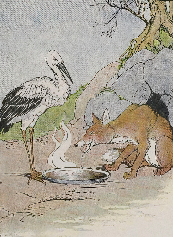 “El zorro y la cigüeña”, ilustrado por Milo Winter, de “El Esopo para niños”, 1919. (PD-US)