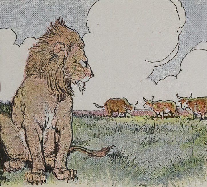 “Tres bueyes y un león”, ilustrado por Milo Winter, de “Esopo para niños”, 1919. (PD-US)