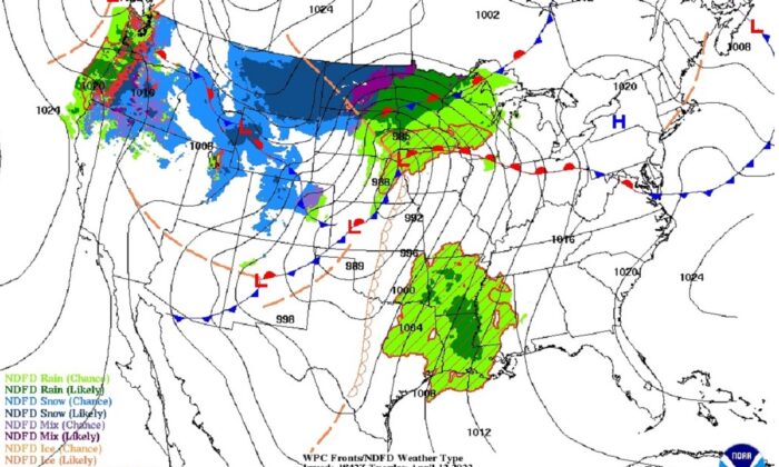 Mapa meteorológico de una gran tormenta de invierno que traerá fuertes nevadas y condiciones de nieve y ventisca a partes de las llanuras del norte de Estados Unidos hasta el 12 de abril de 2022. (NOAA/Screenshot via The Epoch Times)