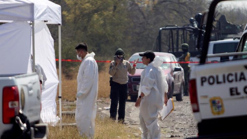 Fotografía de archivo de peritos forenses que trabajan, vigilados por Agentes del Ejercito Mexicano, en el lugar donde se encontraron seis cuerpos a un costado de la carretera. EFE/Gabriela Pérez Montiel