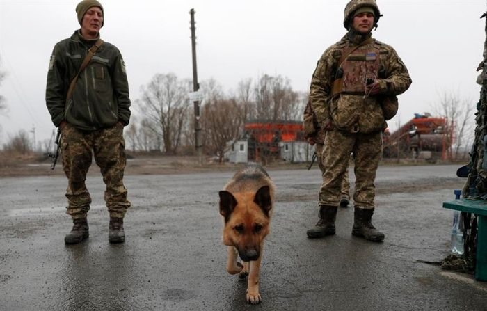 Imagen de soldados con un perro en Ucrania. (EFE/EPA/ATEF SAFADI)