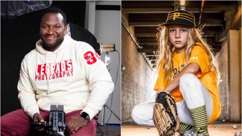 (L) El fotógrafo de deportes juveniles Randy Bince en el Estudio L. (Dave Paone/The Epoch Times) (R) Un retrato de MyStyle tomado en el lugar. (Cortesía de Randy Bince)