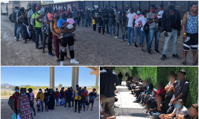 Más de 1200 inmigrantes ilegales, incluidos ciudadanos de Haití, Cuba, Nicaragua y Turquía, ingresan a Estados Unidos desde México, en El Paso, Texas, el 14 de mayo de 2022. (Patrulla Fronteriza de El Paso)

