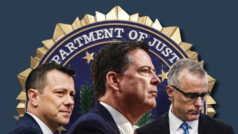 (De izquierda a derecha) El exagente del FBI Peter Strzok; el exdirector del FBI James Comey; y el exsubdirector del FBI Andrew McCabe. (Getty Images/Ilustración de Epoch Times)
