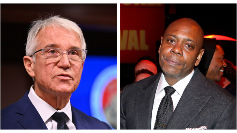 El fiscal del condado de Los Ángeles, George Gascon, habla en una rueda de prensa en Los Ángeles el 8 de diciembre de 2021, y Dave Chappelle en un evento en Hollywood, California, el 28 de abril de 2022. (Robyn Beck/AFP vía Getty Images; Phillip Faraone/Getty Images for Netflix)
