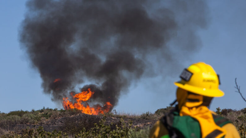 Un bombero habla por la radio mientras observa un incendio en una ladera humeante el 10 de febrero de 2022 en Laguna Beach, California. (Apu Gomes/Getty Images)
