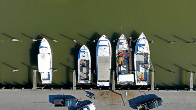 Barcos atracados en el Watermens Boat Basin en Chester, Maryland, el 14 de marzo de 2022. (Jim Watson/AFP)
