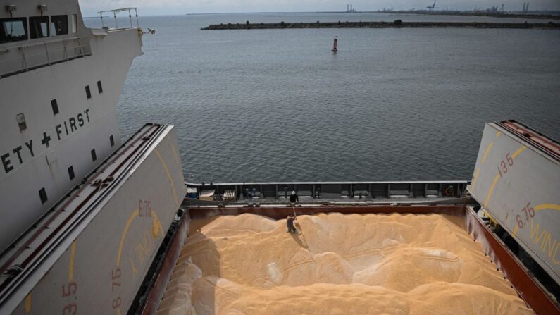 Unos trabajadores toman muestras de maíz de un barco cargado en el muelle 80 del puerto del mar Negro de Constanza, Rumanía, el 3 de mayo de 2022. (DANIEL MIHAILESCU/AFP vía Getty Images)