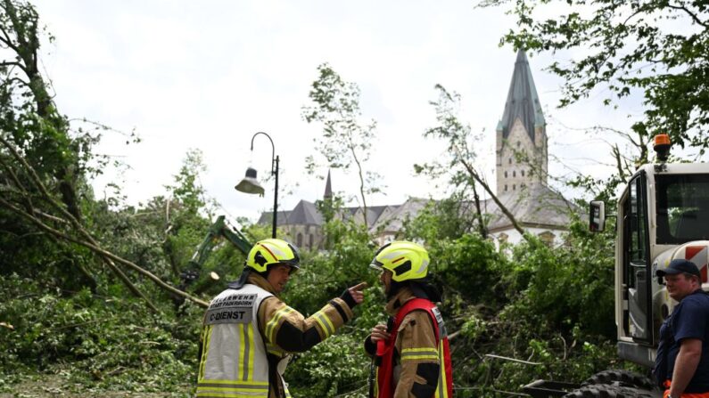 Miembros del cuerpo de bomberos son vistos durante los esfuerzos de limpieza para cuidar de los árboles caídos cerca de la Catedral en el centro de la ciudad de Paderborn, al oeste de Alemania, el 21 de mayo de 2022, el día después de que una tormenta causara grandes daños. (Ina Fassbender/AFP vía Getty Images)