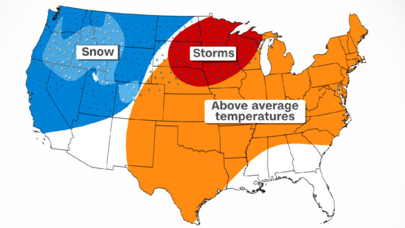 Mapa de previsión meteorológica, que incluye nieve, tormentas severas y temperaturas de tres dígitos, para el fin de semana del Día de los Caídos de 2022. (CNN Weather)