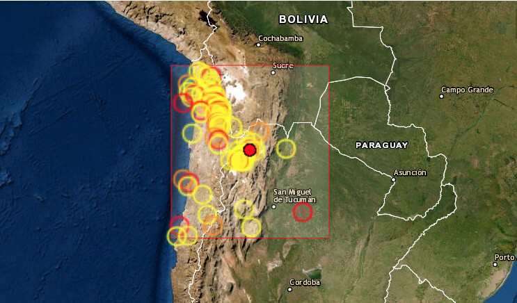 Un sismo de magnitud 6.4 en la escala de Richter sacudió en la noche de este martes la provincia argentina de Jujuy, en el extremo noroeste de Argentina, sin que de momento haya reportes de daños ni de víctimas. (Captura de pantalla/EMSC)