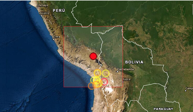 Un terremoto de magnitud 6.9 y a una profundidad 240 kilómetros sacudió este jueves el sureño departamento de Puno, fronterizo con Bolivia, y se sintió con fuerza en Arequipa, la segunda ciudad del país, sin que hasta el momento se hayan reportado daños, informó el Instituto Geofísico del Perú (IGP).(Captura de pantalla/EMSC)