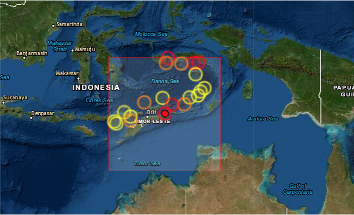 Un terremoto de 6.1 grados de magnitud en la escala abierta de Richter sacudió este viernes la costa del este de Timor Oriental, sin que las autoridades de momento hayan informado de víctimas o daños materiales. (Captura de pantalla/EMSC)