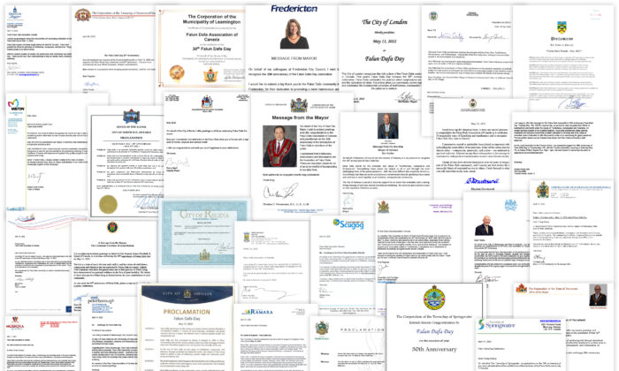 Algunas de las cartas de felicitación y proclamas de más de 100 funcionarios enviadas por autoridades de Canadá para celebrar el 30º aniversario de Falun Dafa. (The Epoch Times)