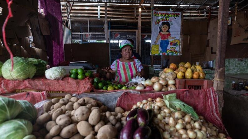 Fotografía de archivo de una vendedora mientras espera clientes en su puesto de venta de frutas y hortalizas en el mercado municipal de San Félix, estado Bolívar (Venezuela). EFE/ Rayner Peña R.