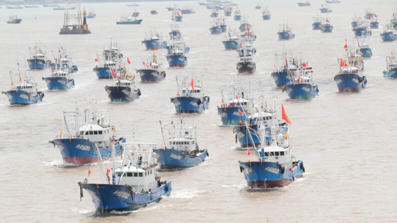 Barcos de pesca zarpan hacia el Mar de China Oriental desde un puerto en Zhoushan, provincia de Zhejiang , China, el 1 de agosto de 2021. (Chen Yongjian/VCG vía Getty Images)
