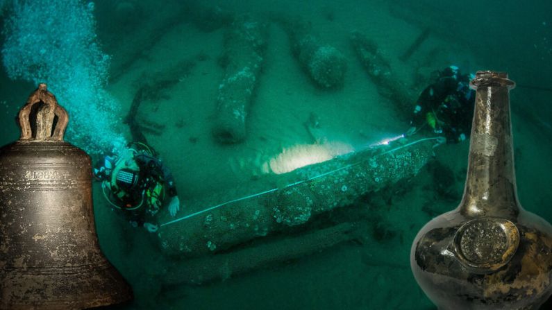 La campana del barco (Cortesía de la Universidad de East Anglia); Lincoln y Julian Barnwell midiendo cañones; Botella de vino con el escudo de la familia Washington (Cortesía de Norfolk Historic Shipwrecks)
