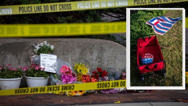 Un monumento improvisado de flores se deja cerca de la escena de un tiroteo masivo ayer durante un desfile del 4 de julio, el 5 de julio de 2022 en Highland Park, Illinois. (Jim Vondruska/Getty Images) | Interior: Elementos dejados cerca de la escena de un tiroteo en un desfile del 4 de julio de 2022 en Highland Park, Illinois. (Jim Vondruska/Getty Images)