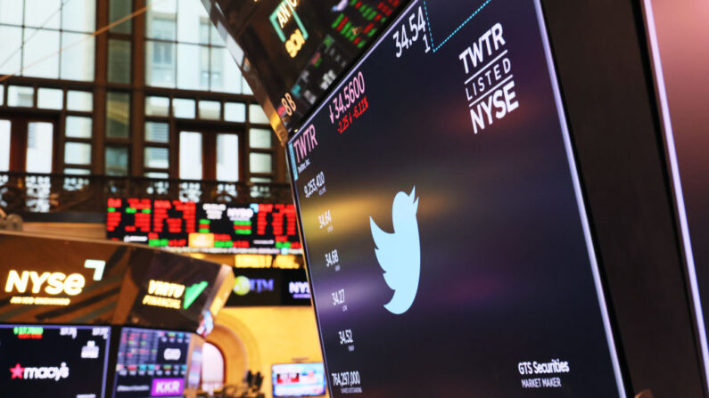 Un logotipo de Twitter se muestra en una pantalla en la Bolsa de Nueva York durante las operaciones de la mañana el 11 de julio de 2022 en la ciudad de Nueva York. (Michael M. Santiago/Getty Images)