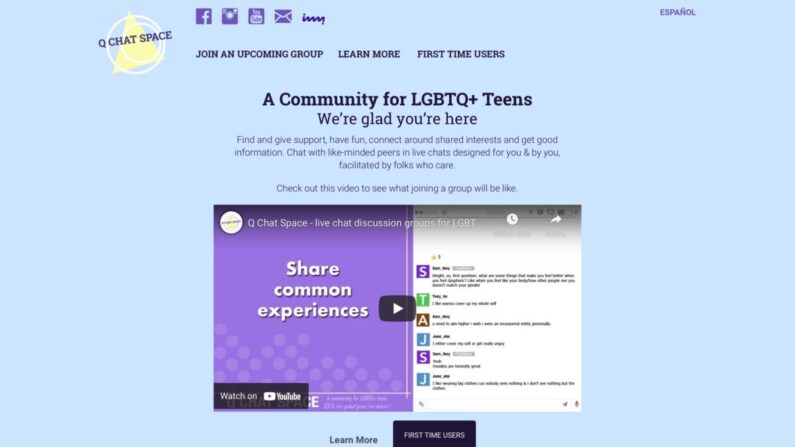 Q Chat Space, un sitio web pro-LGBT promovido por los CDC, tiene un botón de "escapar rápido" en sus páginas para que los adolescentes puedan esconderlo rápidamente. La captura de pantalla fue tomada el 29 de julio de 2022. (Jackson Elliott/The Epoch Times)