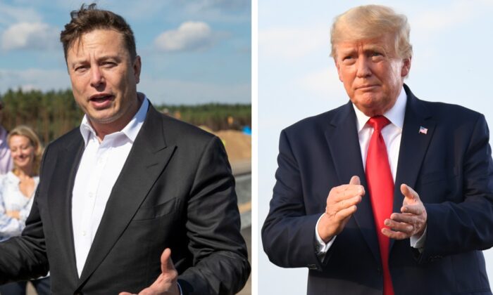 El director de Tesla, Elon Musk (izq.), habla con la prensa cerca de Berlín, Alemania, el 3 de septiembre de 2020. El expresidente de Estados Unidos, Donald Trump (der.), en un mitin Save America, en Illinois, el 25 de junio de 2022. (Maja Hitij/Getty Images ;Michael B. Thomas/Getty Images)
