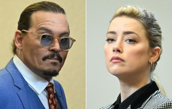 Esta combinación de imágenes creada el 1 de junio de 2022 muestra al actor estadounidense Johnny Depp (izq.) asistiendo al juicio en el Tribunal de Circuito del Condado de Fairfax, en Fairfax, Virginia, el 24 de mayo de 2022, y a la actriz estadounidense Amber Heard mirando en la sala del Tribunal de Circuito del Condado de Fairfax, en Fairfax, Virginia, el 24 de mayo de 2022. (JIim Watson/POOL/AFP vía Getty Images)