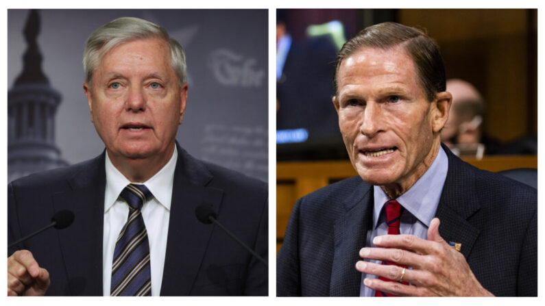 (De izquierda a derecha) El senador Lindsey Graham (R-S.C.) y el senador Richard Blumenthal (D-Conn.) en una imagen compuesta. (Alex Wong/Samuel Corum/Getty Images)
