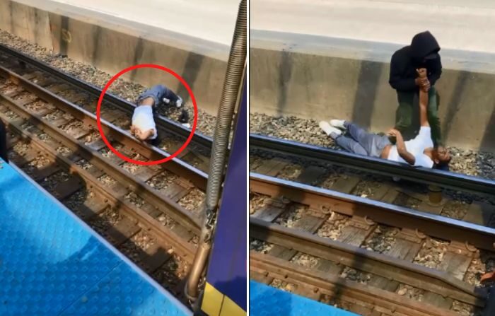  (I) Un hombre que cayó a las vías del tren. (D) Anthony Perry apartando al hombre de las vías | (Capturas de pantalla/Newsflare)