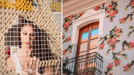 Artista colorea las calles de España con obras de arte florales bordadas: “Mi madre me enseñó”