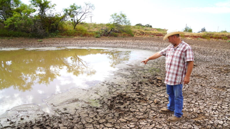 El ganadero Kyle Foster señala el bajo nivel de agua en uno de los muchos abrevaderos de su rancho de 5000 acres en Cross Plains, Texas, el 10 de agosto de 2022. Los pequeños propietarios de ranchos de todo el estado se enfrentan a la pérdida de sus sustentos durante la peor sequía en más de una década. (Allan Stein/The Epoch Times)
