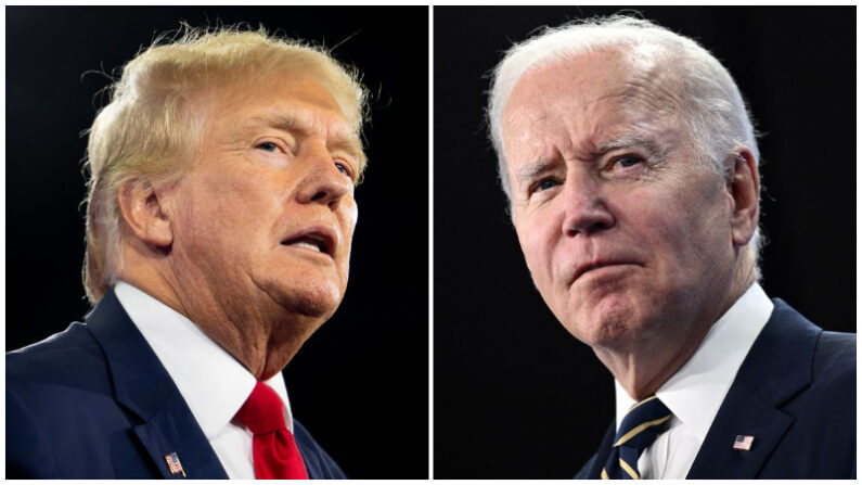 (D) El expresidente de Estados Unidos Donald Trump habla en la Conferencia de Acción Política Conservadora (CPAC) en el Hilton Anatole el 06 de agosto de 2022 en Dallas, Texas. (Brandon Bell/Getty Images) (I) El presidente de Estados Unidos, Joe Biden, se dirige a los representantes de los medios de comunicación durante una rueda de prensa en la cumbre de la OTAN en el centro de congresos de Ifema en Madrid, el 30 de junio de 2022. (BRENDAN SMIALOWSKI/AFP vía Getty Images)
