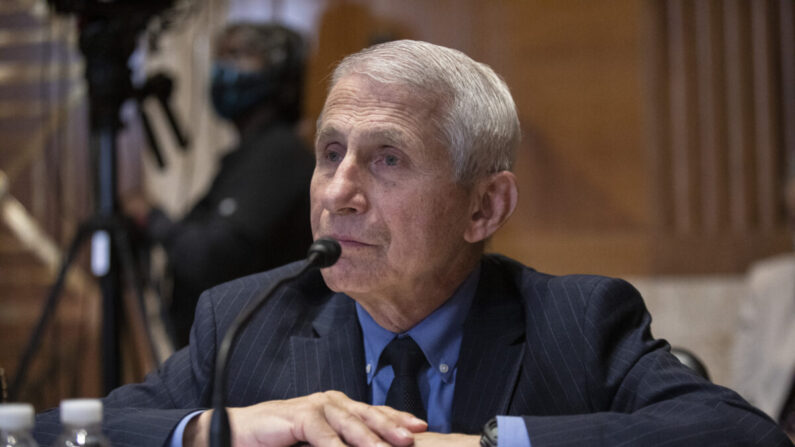 El Dr. Anthony Fauci, Director del Instituto Nacional de Alergias y Enfermedades Infecciosas, testifica durante una audiencia del Subcomité de Asignaciones del Senado sobre Trabajo, Salud y Servicios Humanos, Educación y Agencias Relacionadas en el Capitolio en Washington el 17 de mayo de 2022. (Anna Rose Layden/Pool/Getty Images)
