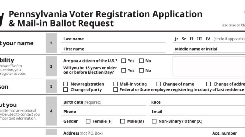 Una parte del nuevo formulario combinado de solicitud de registro de votantes de Pensilvania y de solicitud de papeletas de voto por correo, introducido apenas 11 semanas antes de las elecciones de mitad de período del 8 de noviembre. (Departamento de Estado de Pensilvania)
