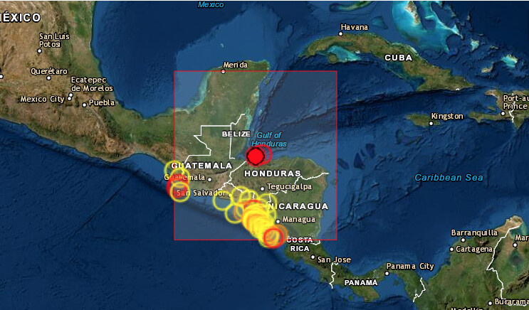 Un temblor de magnitud 5.9 en la escala de Richter se registró este martes en el Caribe de Honduras, al que le han seguido al menos cinco réplicas menores, sin pérdidas de vidas, ni pérdidas materiales significativas, informaron fuentes oficiales. (Captura de pantalla/EMSC)